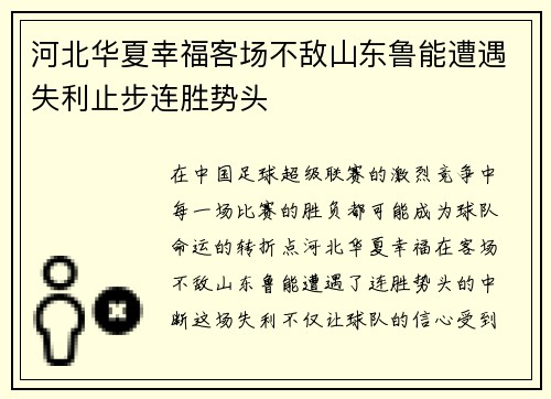 河北华夏幸福客场不敌山东鲁能遭遇失利止步连胜势头