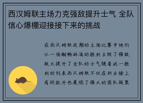 西汉姆联主场力克强敌提升士气 全队信心爆棚迎接接下来的挑战